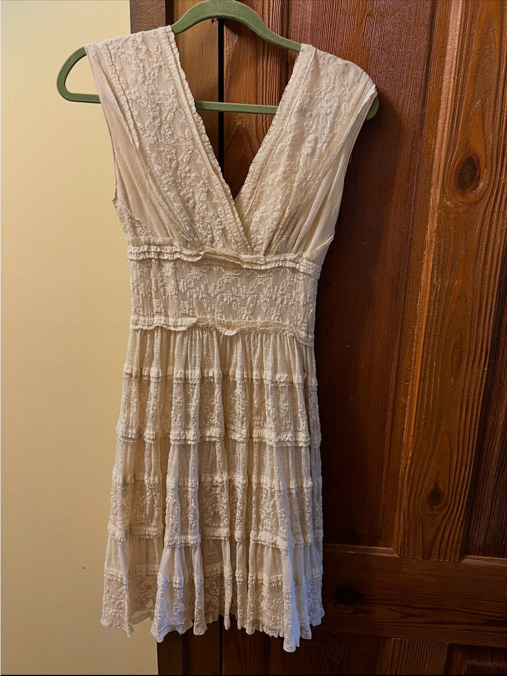 Max Studio Ivory Lace Tiered V-Neck Midi Dress